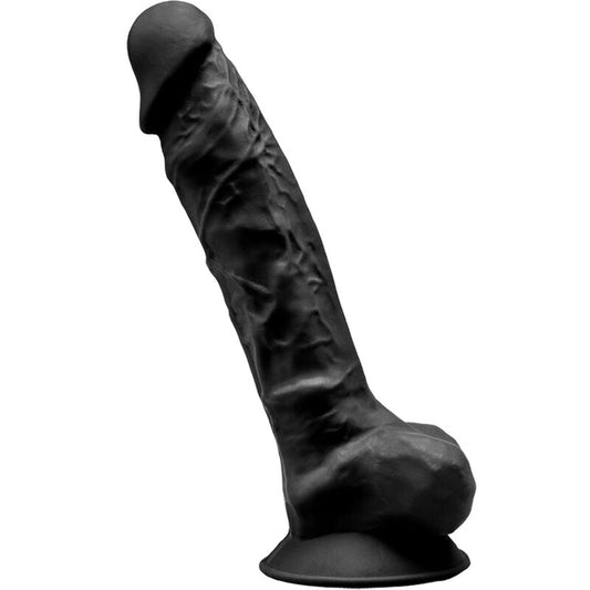 Pênis Realístico SilexD Silexpan Silicone Preto 23cm com base de ventosa, mostrando a textura realista e cor preta.
