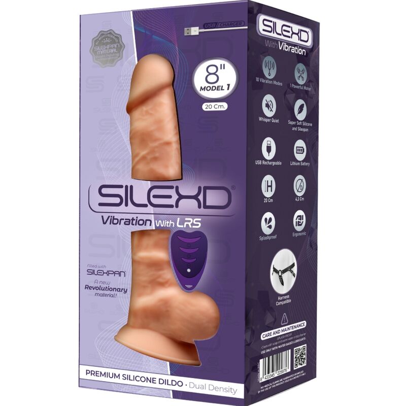 Vibrador de pênis realista SILEXD Modelo 1 de silicone premium com controlo remoto, destacando sua textura e detalhes.