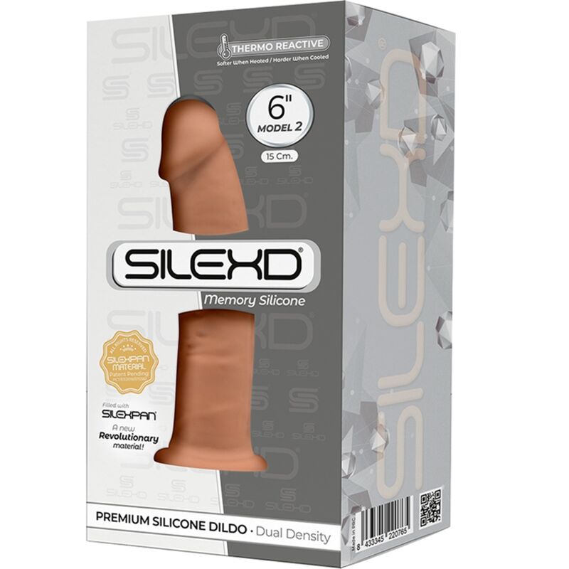 Close-up of the SILEXD Modelo 2 Dildo Realístico Premium Silexpan Silicone Caramelo 15.4 CM showing its texture and features.