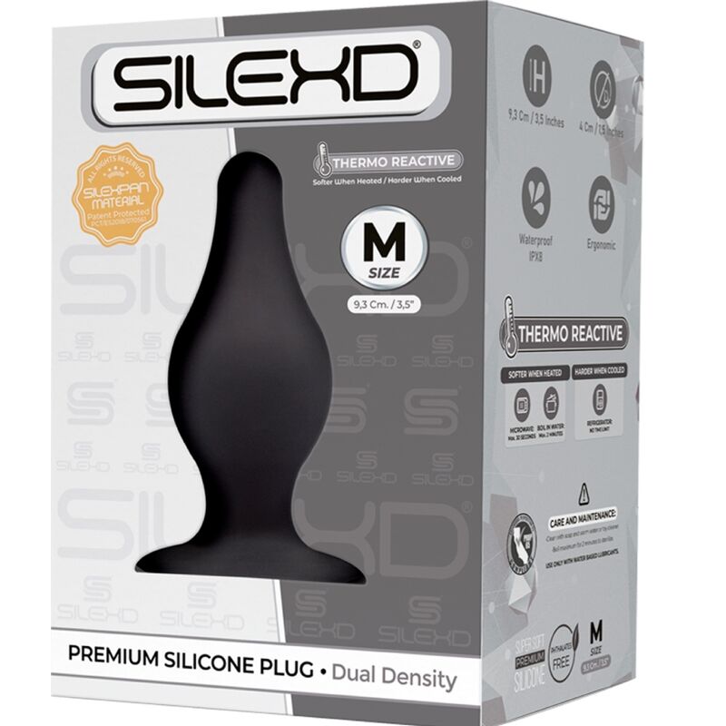 Close-up do SILEXD Plug Anal Termorreativo Silexpan Silicone Premium Tamanho M, mostrando sua textura e design ergonómico.