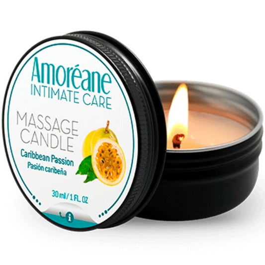 Vela de Massagem AMOREANE Paixão Caribe 30ml, mostrando a cera derretida e o frasco elegante.