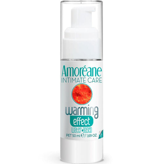 Frasco de AMOREANE Lubrificante Íntimo com Efeito Calor 50 ML, mostrando o rótulo e a textura do gel.