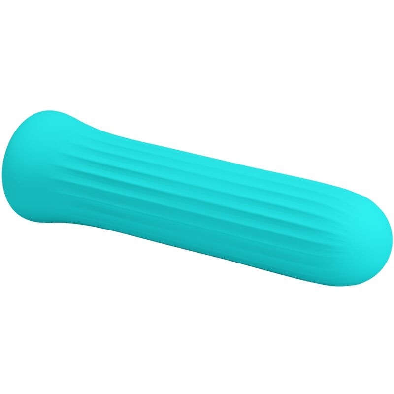 Close-up do vibrador bala Pretty Love Blanche Azul mostrando sua textura e detalhes de design.