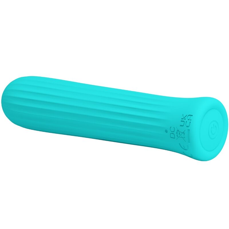 Close-up do vibrador bala Pretty Love Blanche Azul mostrando sua textura e detalhes de design.
