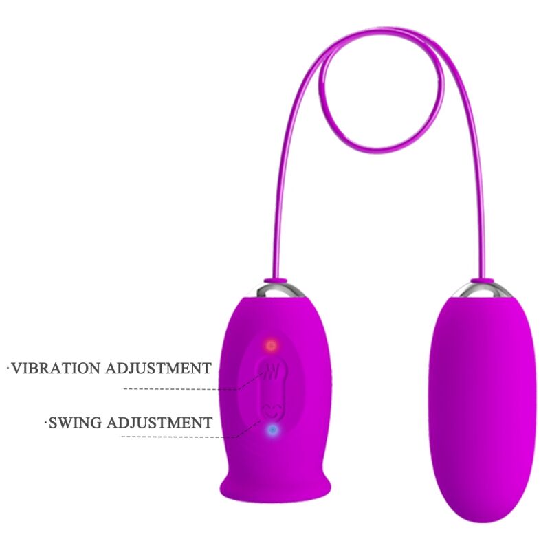 Vibrador PRETTY LOVE Daisy Dual Egg recarregável na cor roxa, mostrando seu design ergonômico e silicone macio.