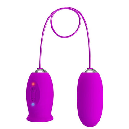 Vibrador PRETTY LOVE Daisy Dual Egg recarregável na cor roxa, mostrando seu design ergonômico e silicone macio.