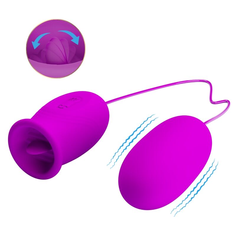 Vibrador PRETTY LOVE Daisy Dual Egg recarregável na cor roxa, mostrando seu design ergonômico e silicone macio.