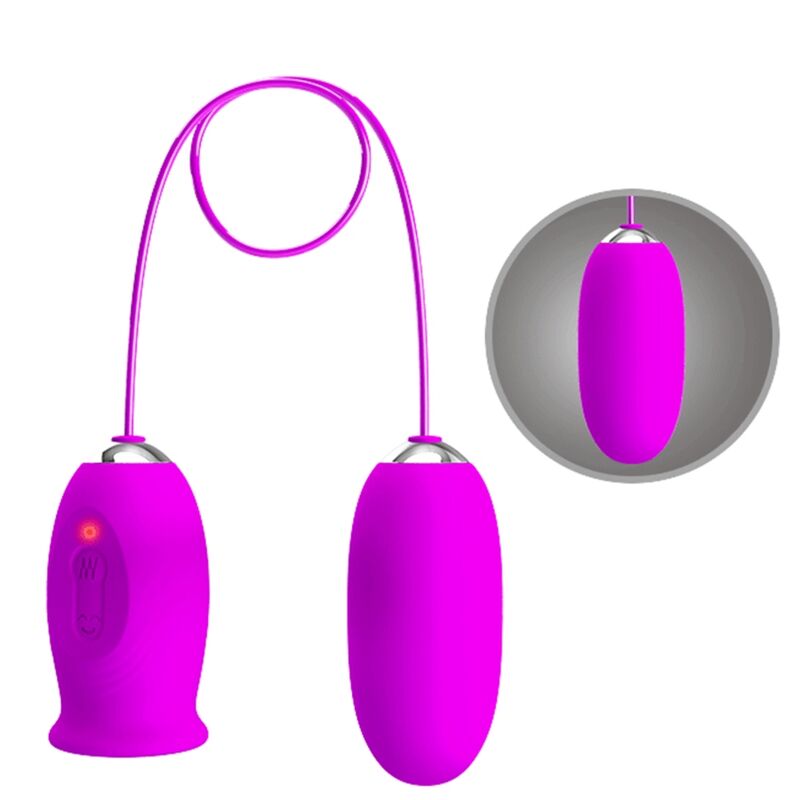Vibrador PRETTY LOVE Daisy Dual Egg recarregável na cor roxa, mostrando seu design ergonômico e silicone macio.