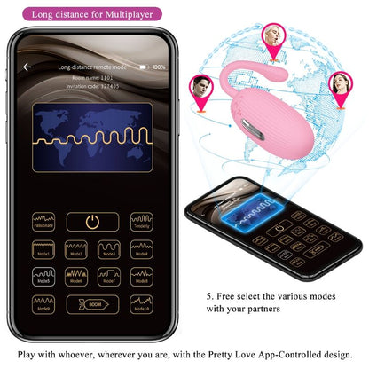 Close-up do Ovo Vibratório Recarregável PRETTY LOVE Doreen Rosa com App e Choque Elétrico, mostrando seu design suave e cordão flexível.