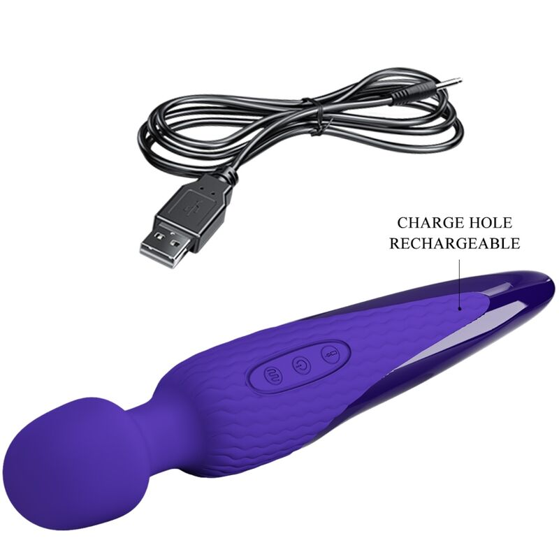 Close-up do Vibrador Wand PRETTY LOVE Antony Youth com Efeito de Calor Violeta, destacando seu design ergonômico e a cabeça de silicone macia.