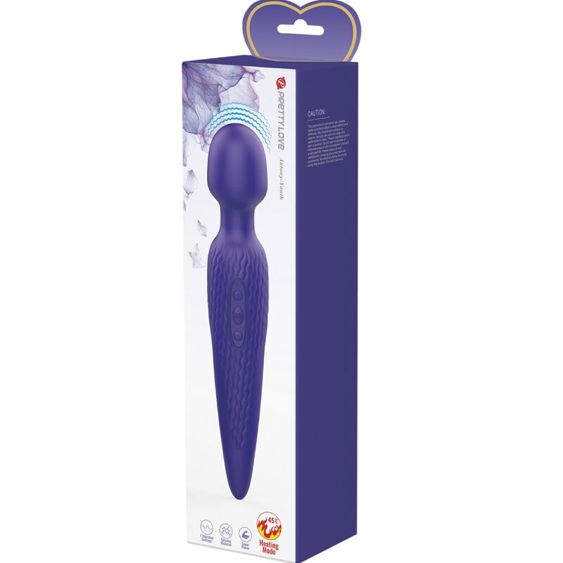 Close-up do Vibrador Wand PRETTY LOVE Antony Youth com Efeito de Calor Violeta, destacando seu design ergonômico e a cabeça de silicone macia.