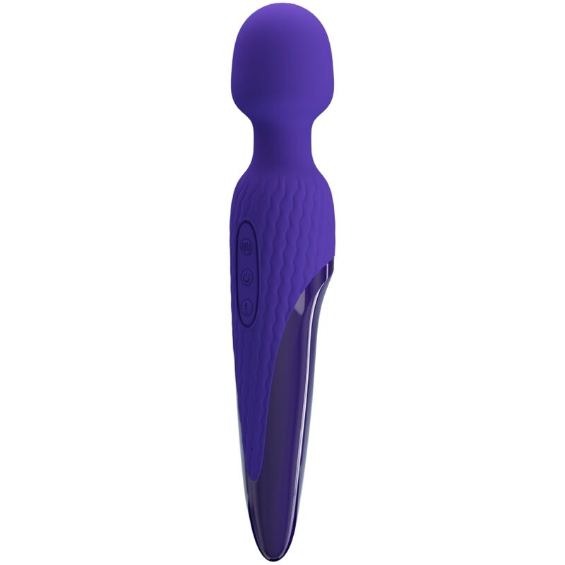 Close-up do Vibrador Wand PRETTY LOVE Antony Youth com Efeito de Calor Violeta, destacando seu design ergonômico e a cabeça de silicone macia.