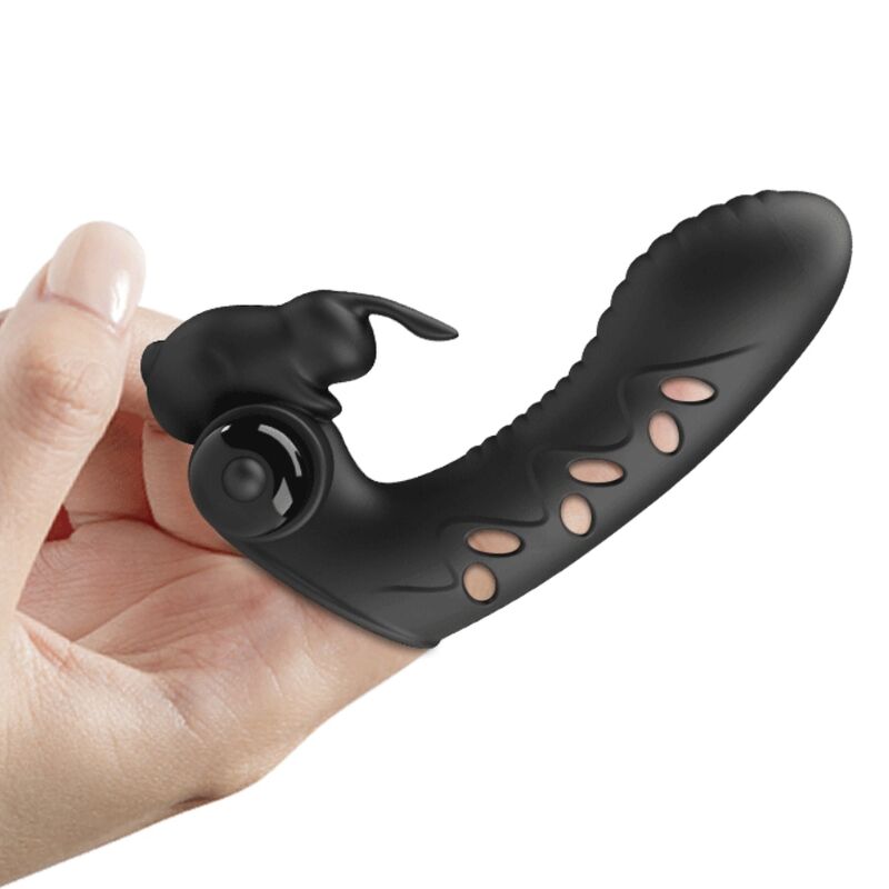 PRETTY LOVE Capa de Dedo Vibrador Coelhinho Preto Vance, mostrando seu design ergonômico e material de silicone de alta qualidade.