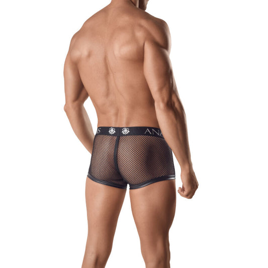 Boxer masculino ANAIS MEN Ares XL em malha preta e couro, detalhe da textura e corte esportivo.