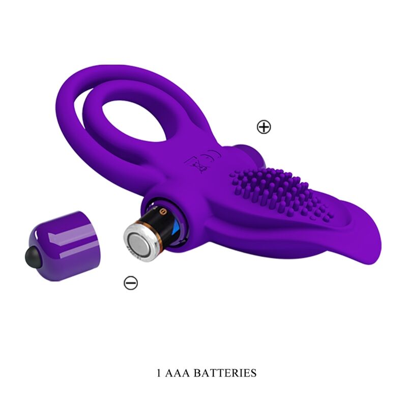 Close-up do Anel Peniano Vibratório PRETTY LOVE Roxo em silicone, mostrando sua textura e cor.