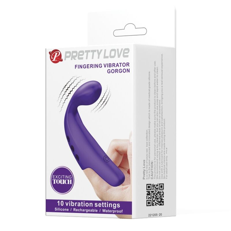 Vibrador de dedo Pretty Love Gorgon Roxo em silicone macio, mostrando o design ergonómico e a cor vibrante.