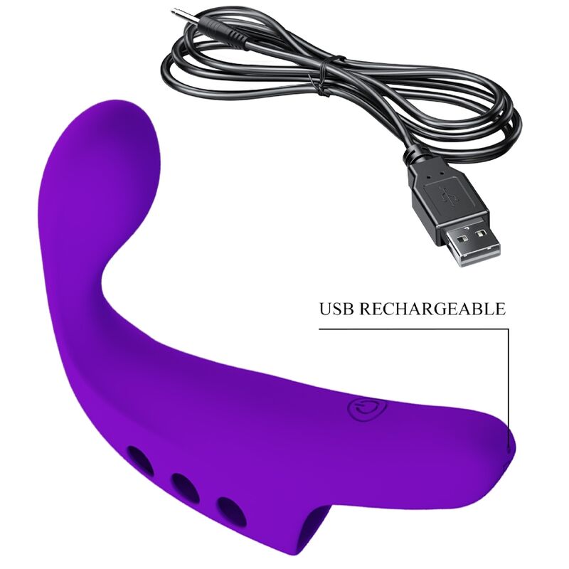 Vibrador de dedo Pretty Love Gorgon Roxo em silicone macio, mostrando o design ergonómico e a cor vibrante.