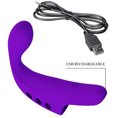 Vibrador de dedo Pretty Love Gorgon Roxo em silicone macio, mostrando o design ergonómico e a cor vibrante.