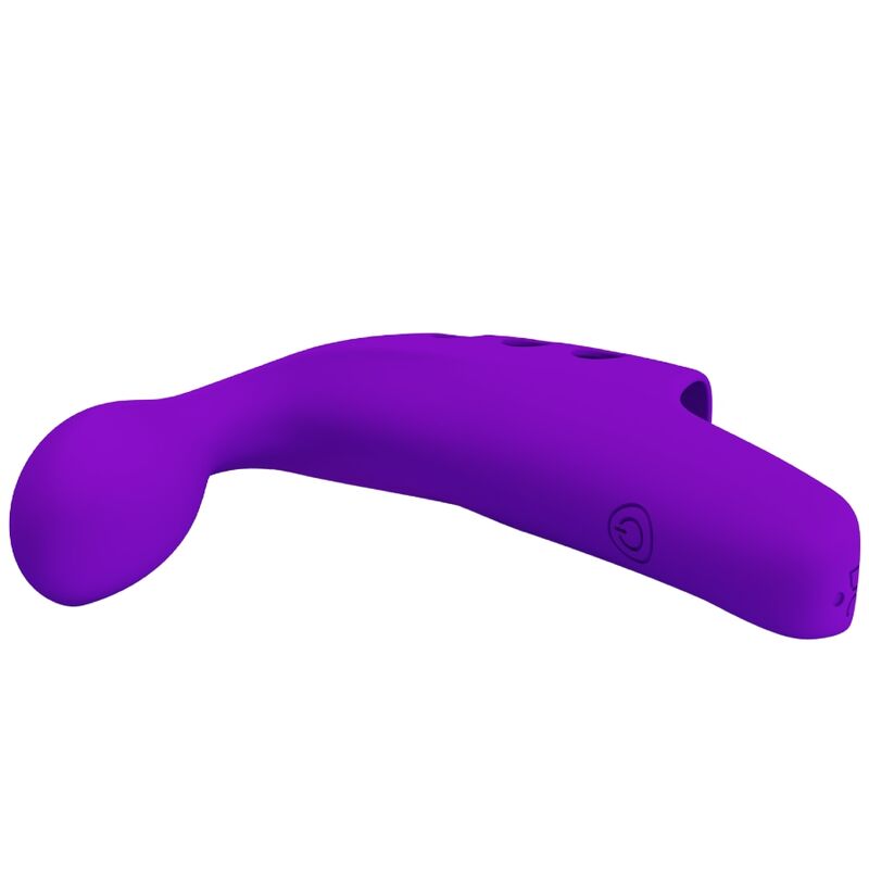 Vibrador de dedo Pretty Love Gorgon Roxo em silicone macio, mostrando o design ergonómico e a cor vibrante.