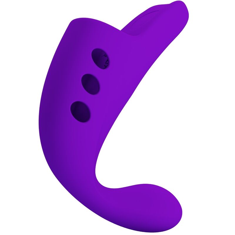 Vibrador de dedo Pretty Love Gorgon Roxo em silicone macio, mostrando o design ergonómico e a cor vibrante.