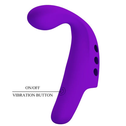 Vibrador de dedo Pretty Love Gorgon Roxo em silicone macio, mostrando o design ergonómico e a cor vibrante.