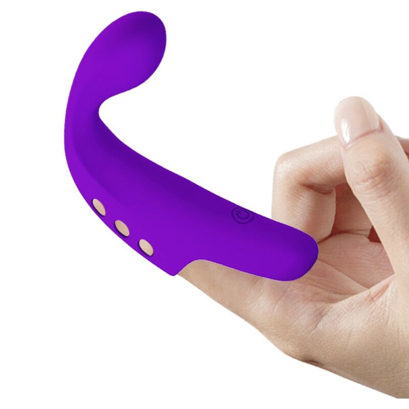 Vibrador de dedo Pretty Love Gorgon Roxo em silicone macio, mostrando o design ergonómico e a cor vibrante.