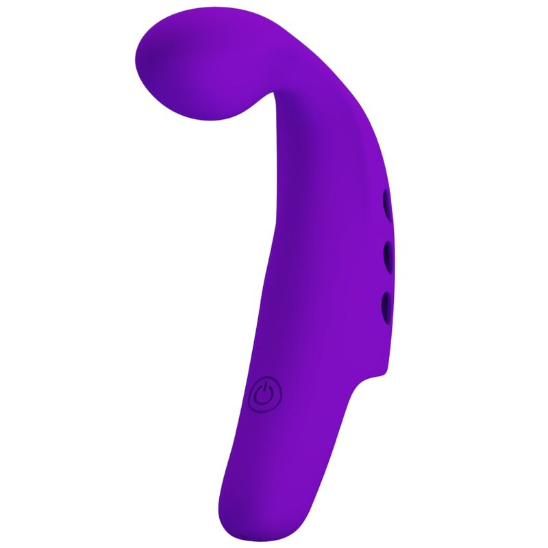 Vibrador de dedo Pretty Love Gorgon Roxo em silicone macio, mostrando o design ergonómico e a cor vibrante.