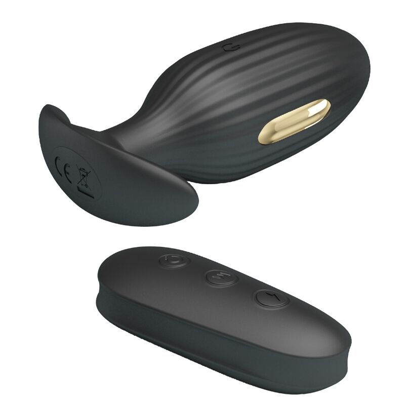 Close-up do PRETTY LOVE Vibrador Anal Kelly Plug Recarregável com Choque Elétrico, mostrando seu design ergonómico e cor preta.