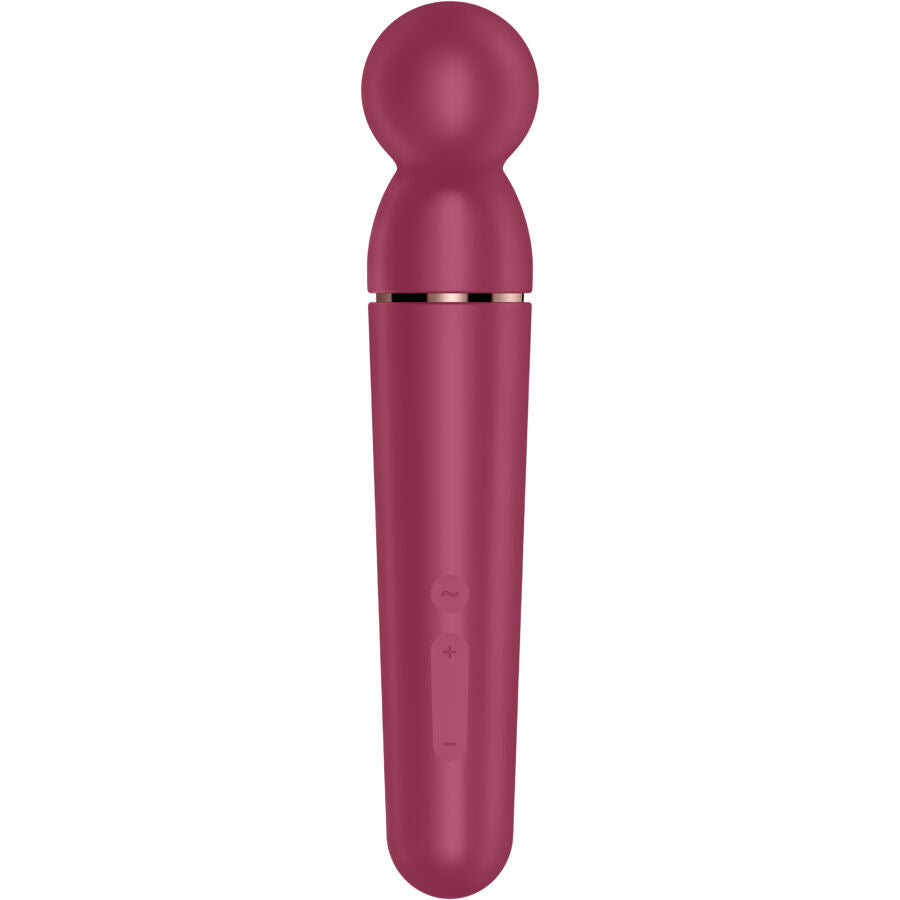 Close-up do Satisfyer Planet Wand-er Vibrador Massageador Berry, mostrando seu design elegante e cabeça de silicone.