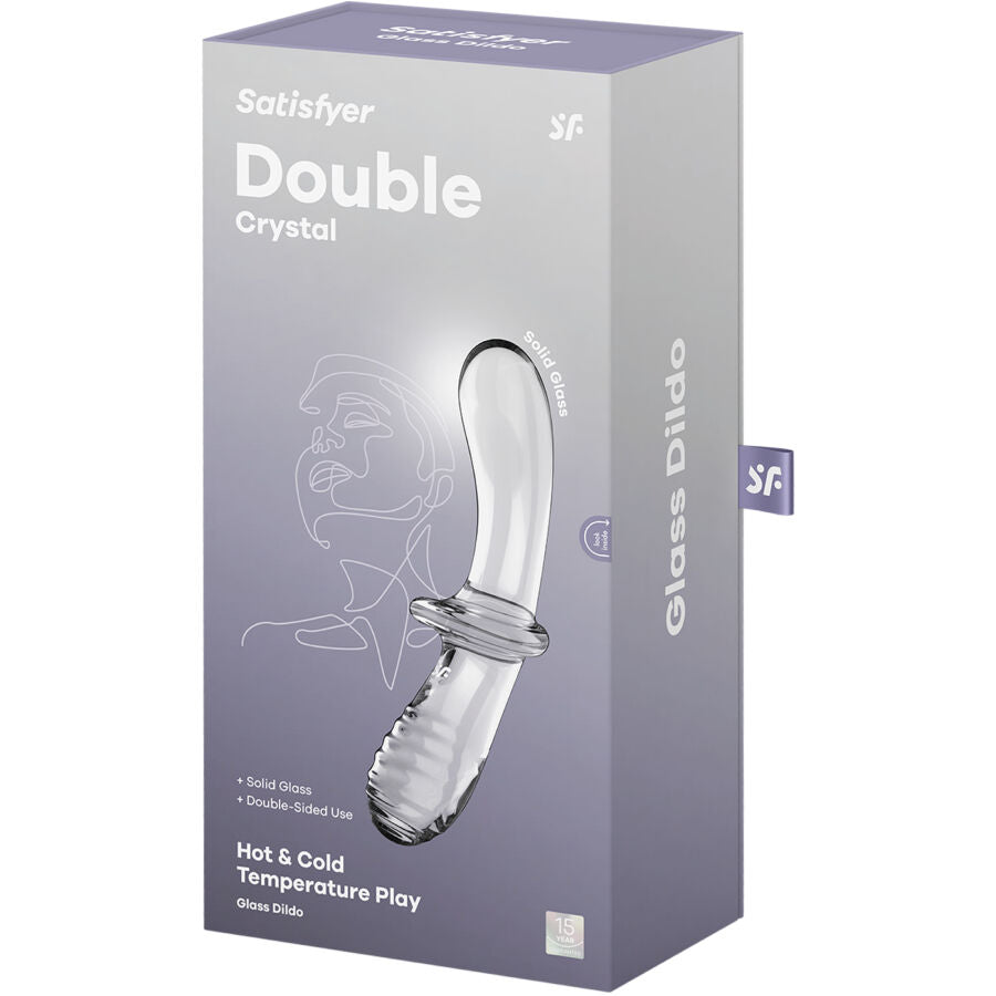 Satisfyer Dildo de Cristal Duplo Transparente Versátil, mostrando a sua textura lisa e estriada.