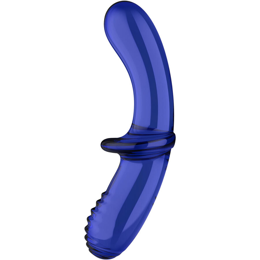 Satisfyer Dildo de Cristal Duplo Transparente Versátil, mostrando a sua textura lisa e estriada.