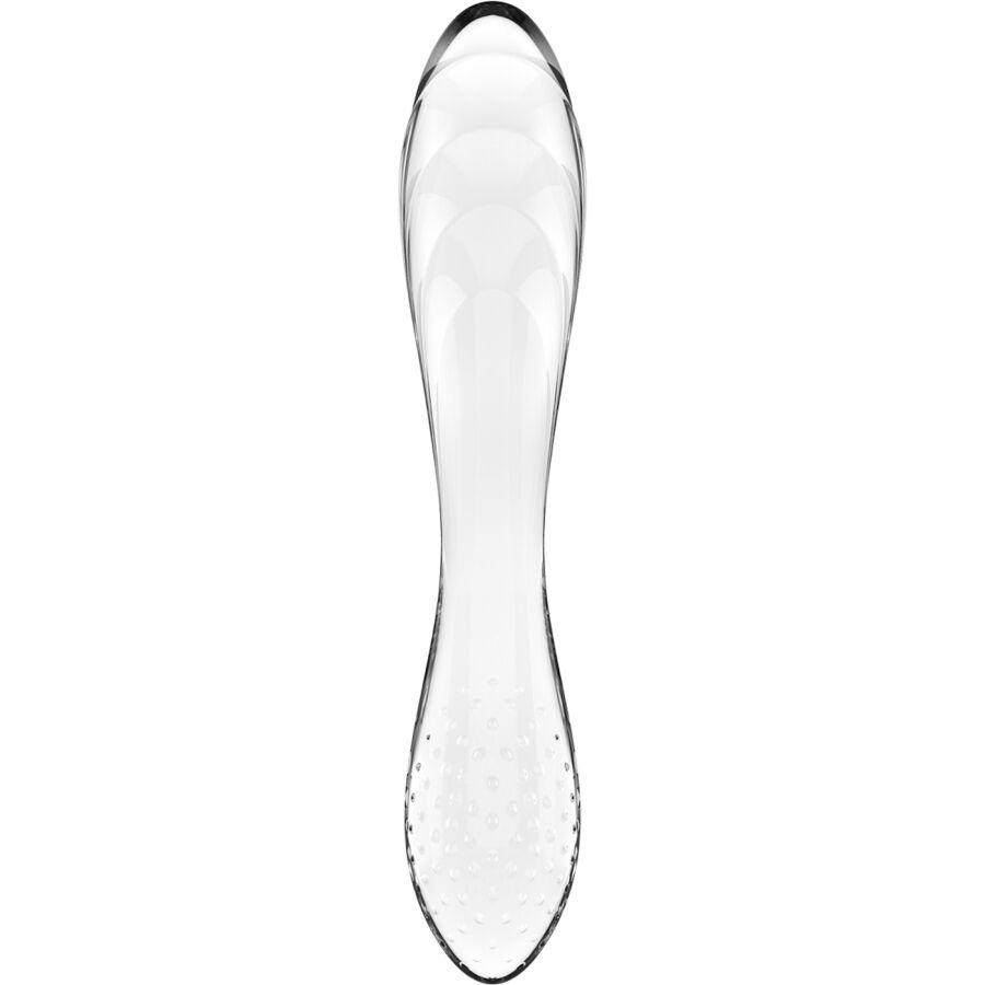 Vibrador Satisfyer Dazzling Crystal 1 de vidro borossilicato transparente, destacando suas texturas para estimulação.
