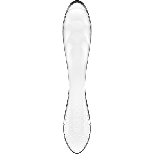 Vibrador Satisfyer Dazzling Crystal 1 de vidro borossilicato transparente, destacando suas texturas para estimulação.