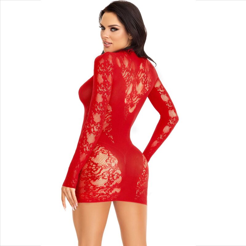 LEG AVENUE Mini Vestido Renda Manga Comprida Vermelho, detalhe da renda e corte elegante.