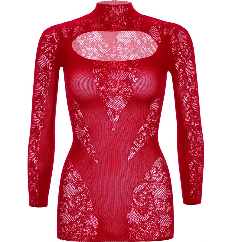 LEG AVENUE Mini Vestido Renda Manga Comprida Vermelho, detalhe da renda e corte elegante.