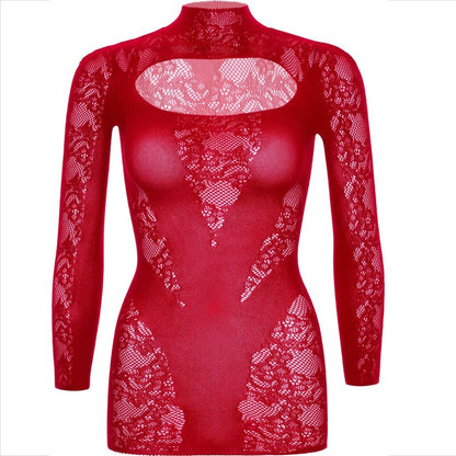 LEG AVENUE Mini Vestido Renda Manga Comprida Vermelho, detalhe da renda e corte elegante.