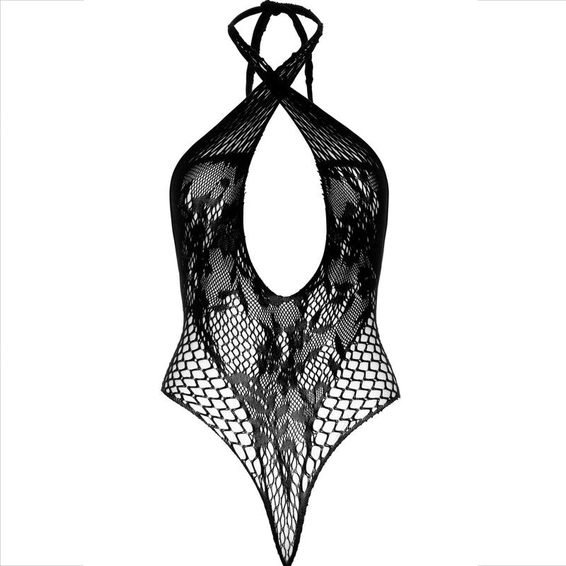 Teddy Halter LEG AVENUE em renda e rede preta, detalhe da textura e design sensual.