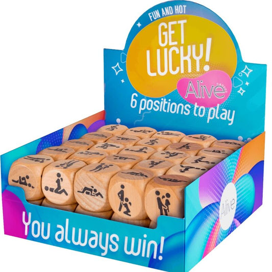 Dados eróticos Kamasutra ALIVE Get Lucky, mostrando as 6 posições diferentes para casais e o design em madeira.