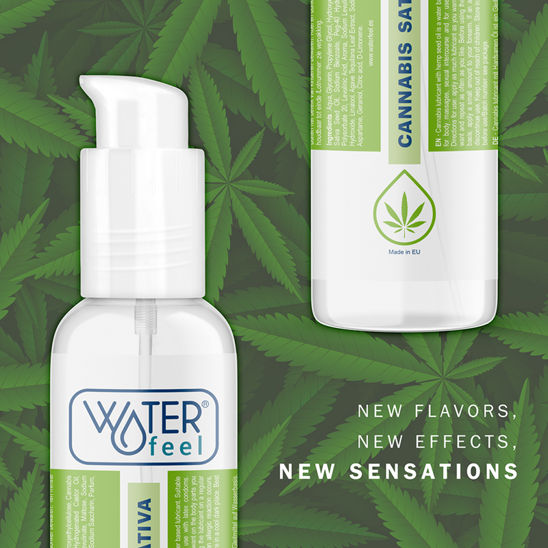 Frasco do lubrificante WATERFEEL de Cannabis 150ml, à base de água, para prazer e massagem.