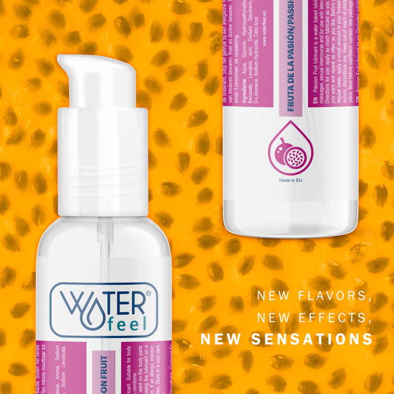 Waterfeel Lubrificante à Base de Água Sabor Maracujão 175ml, embalagem e textura.