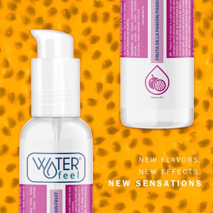 Waterfeel Lubrificante à Base de Água Sabor Maracujão 175ml, embalagem e textura.