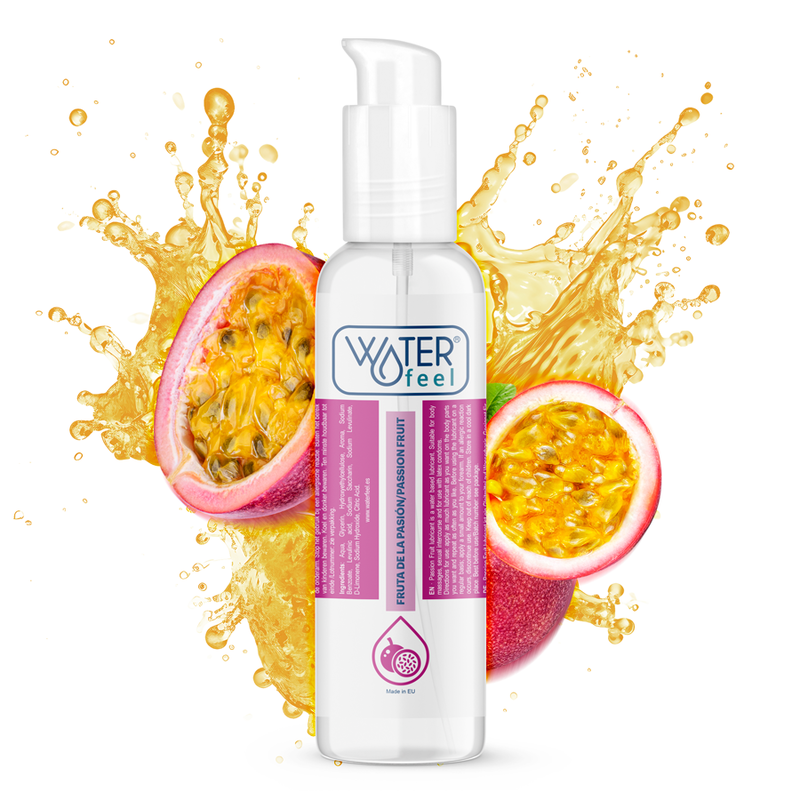 Waterfeel Lubrificante à Base de Água Sabor Maracujão 175ml, embalagem e textura.