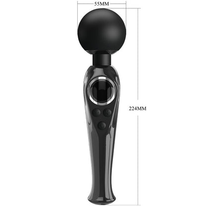 Close-up da Varinha Vibradora PRETTY LOVE Skyler Preta, mostrando a cabeça flexível e o painel LCD.