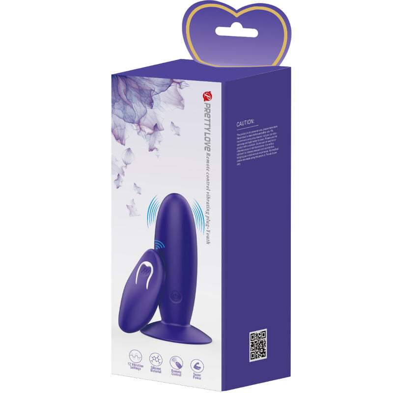 Close-up do Plug Anal Vibratório PRETTY LOVE JUVENTUDE com Controle Remoto Violeta, mostrando seu material de silicone e design ergonómico.
