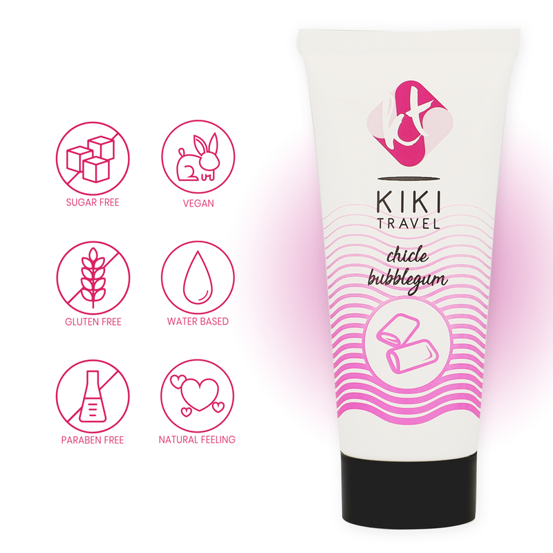 KIKÍ TRAVEL Lubrificante Goma Morango 50ml, embalagem e textura do produto