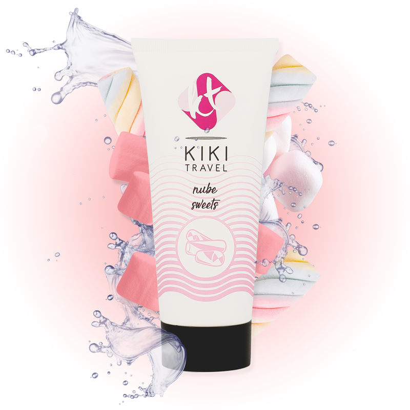 Detalhe do Lubrificante à Base de Água KIKÍ TRAVEL Sabor Doces Nube 50ml, destacando a embalagem e o sabor.