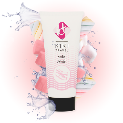 Detalhe do Lubrificante à Base de Água KIKÍ TRAVEL Sabor Doces Nube 50ml, destacando a embalagem e o sabor.