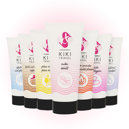 Detalhe do Lubrificante à Base de Água KIKÍ TRAVEL Sabor Doces Nube 50ml, destacando a embalagem e o sabor.