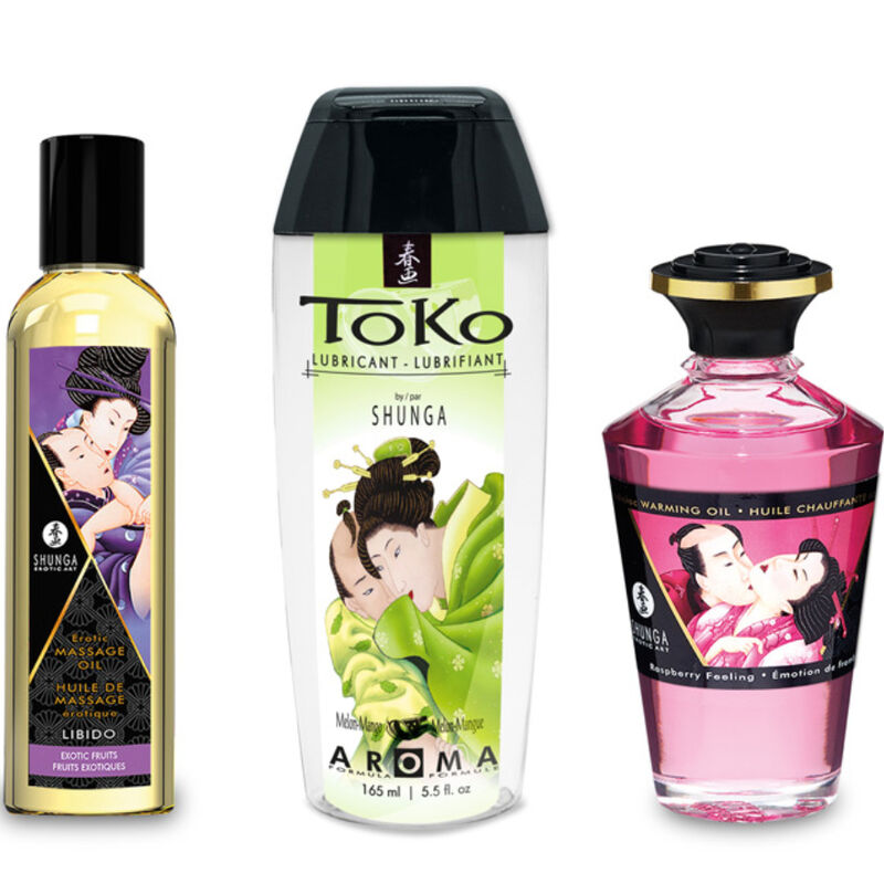 Kit Coleção Fruity Kisses SHUNGA com óleo de massagem, óleo de aquecimento e lubrificante.
