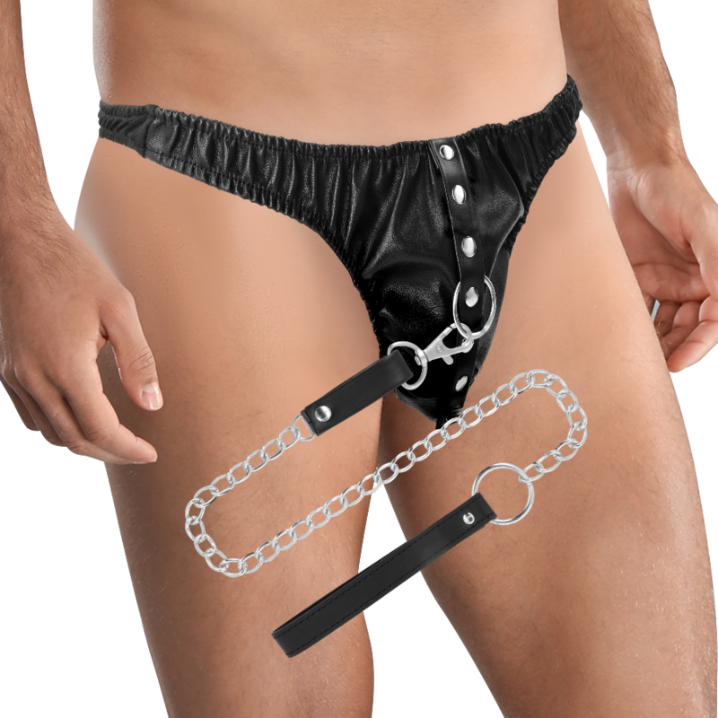 Tanga de Submissão Darkness com corrente de metal e couro vegano